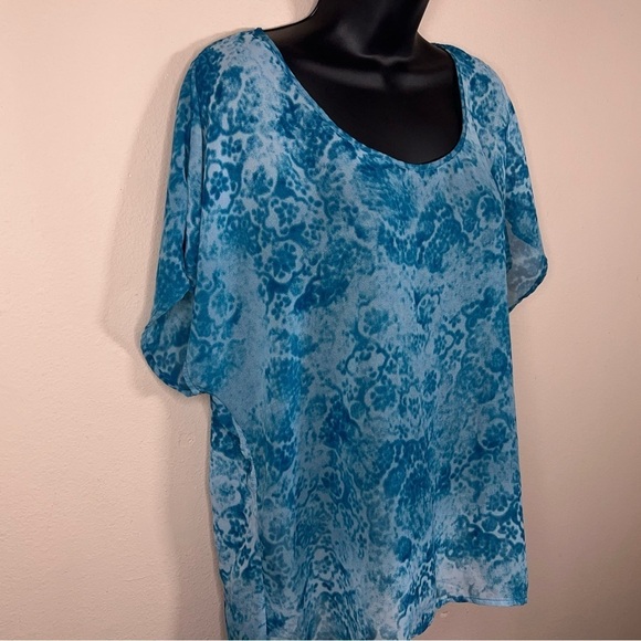 0X MAURICES BLUE WHITE LACE SEMI SHEER BLOUSE SHORT SLEEVE BOHO LIGHTWEIGHT - Picture 2 of 11